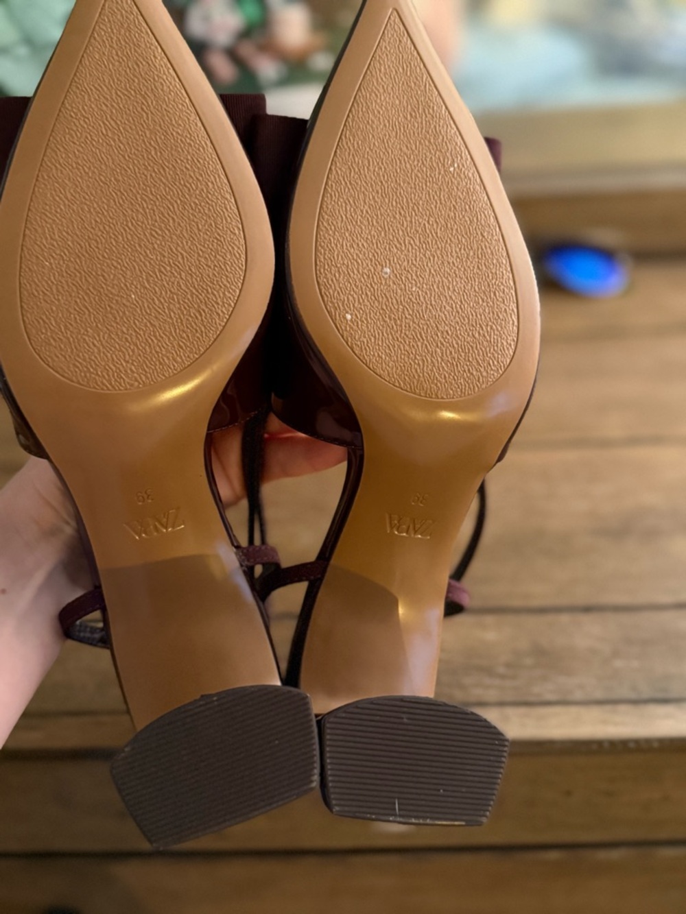 Zara Burgundy Satin & Patent Slingback Heels with Bow - Picture 2 of 2